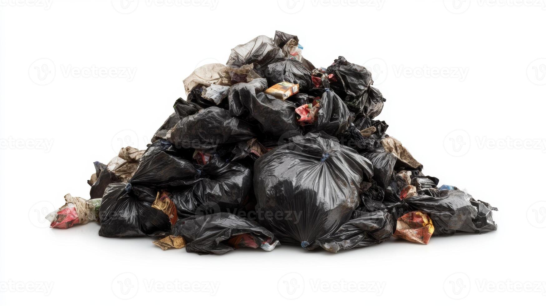 A large pile of black garbage bags stacked haphazardly on a clean white backdrop, highlighting urban waste disposal challenges photo