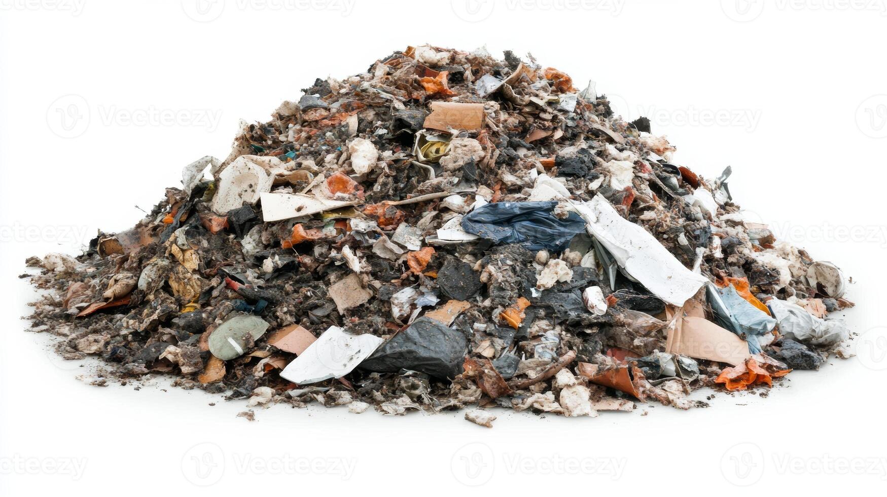 A large pile of assorted garbage and waste materials accumulated on a white background showcasing environmental pollution issues photo
