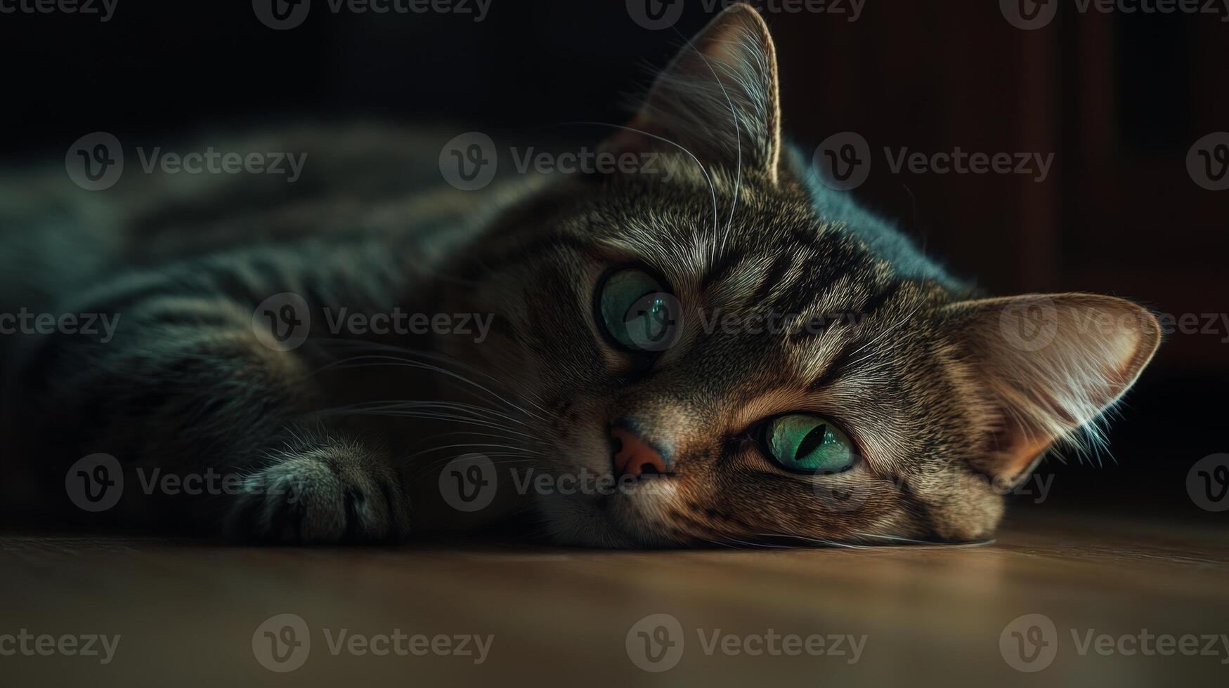 A sad striped cat with green eyes lies on the floor, gazing sideways in soft lighting during a quiet afternoon photo