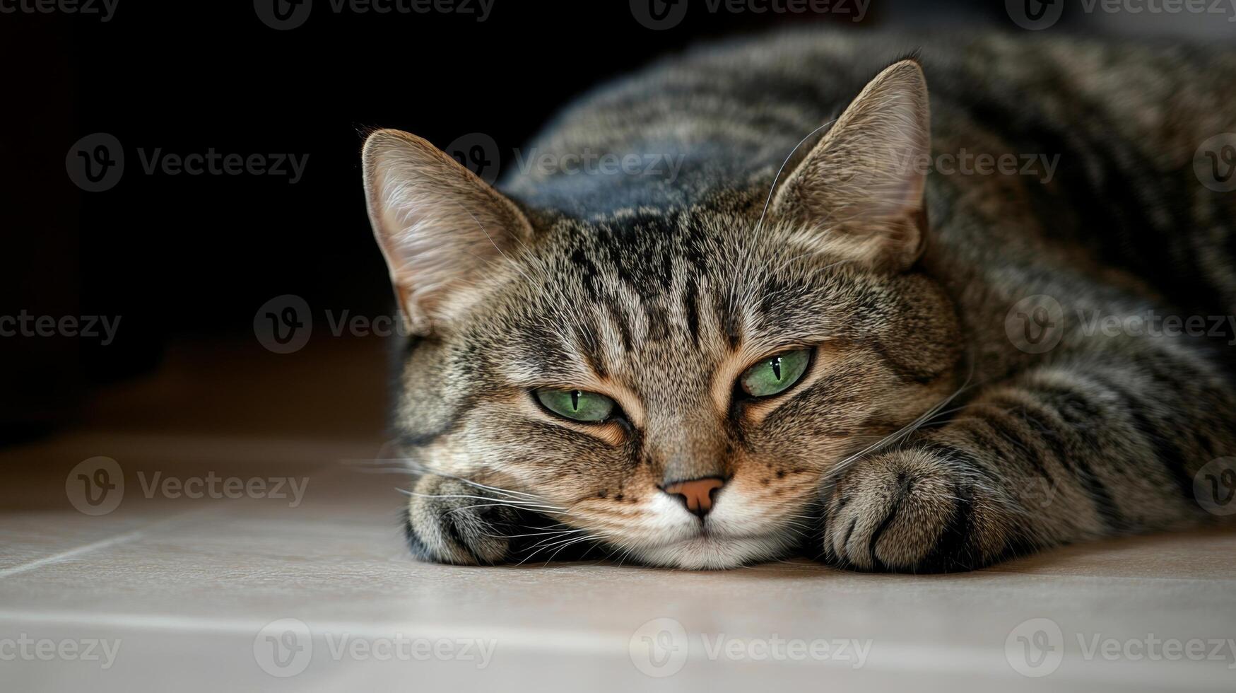 A sad striped cat with green eyes lies on the floor, gazing sideways in a quiet indoor setting, capturing a moment of solitude and reflection photo