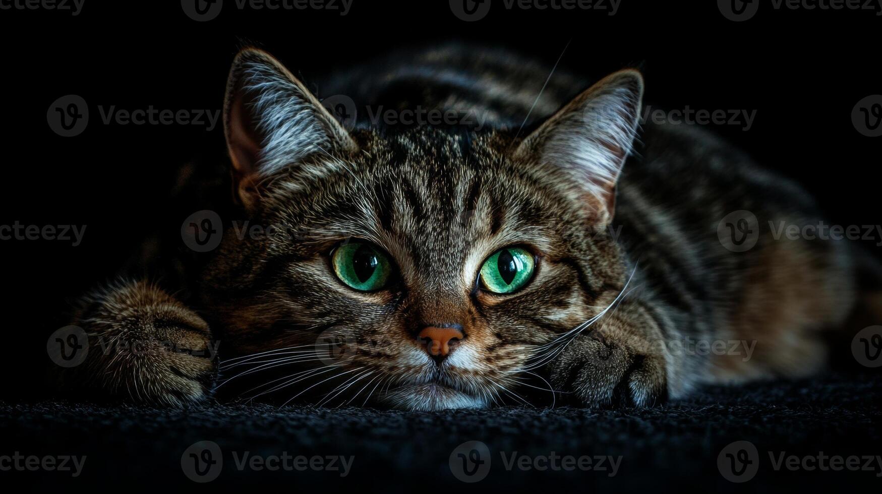 A sad striped cat with green eyes lies quietly on the floor, gazing sideways in close-up during evening light photo