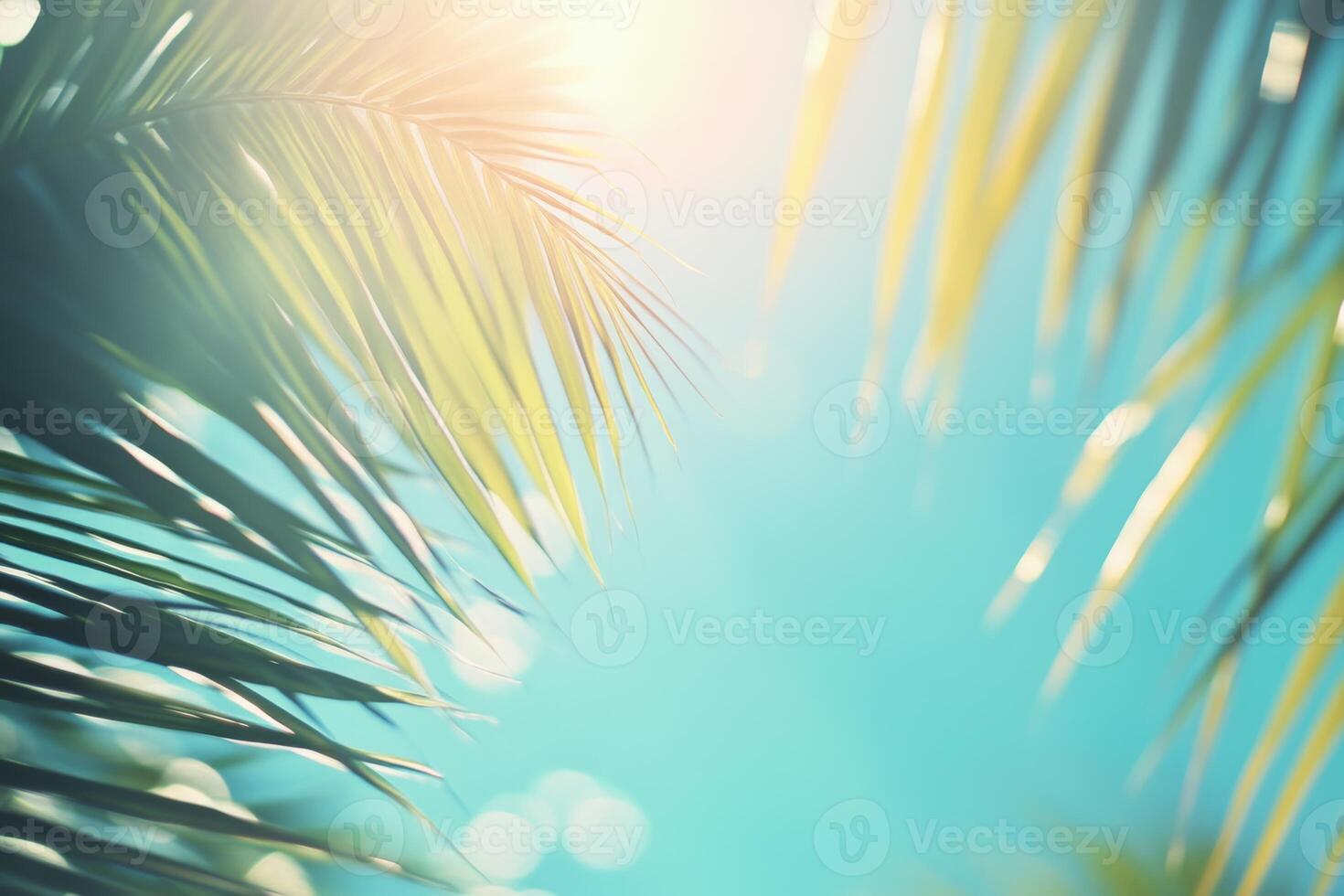 Tropical summer background with sun rays and palm leaves, perfect for vacation vibes and relaxation by the sea photo