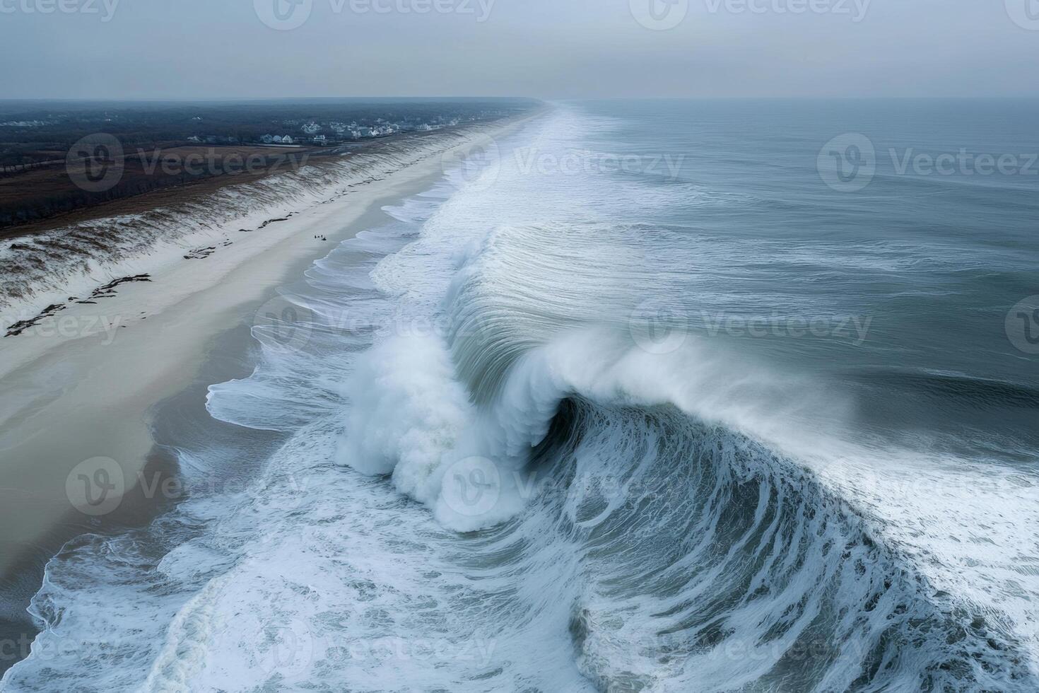 Aerial view of powerful waves crashing along the serene shoreline of the Hamptons under a cloudy sky photo