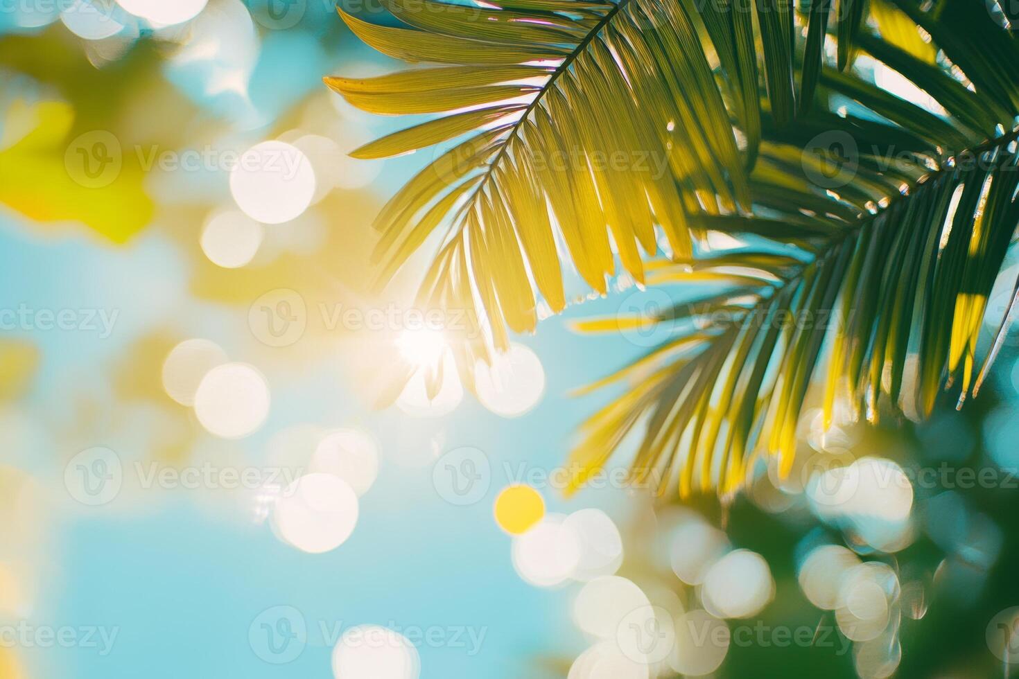 Bright summer rays illuminate tropical palm leaves against a blue sky, creating a tranquil vacation atmosphere with sparkling reflections photo