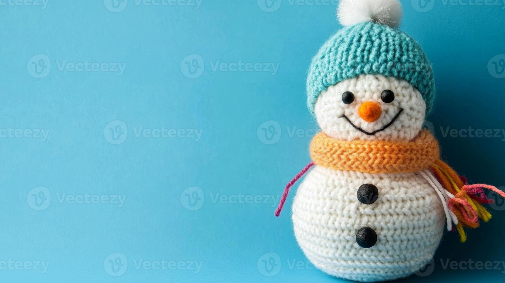Festive handmade snowman craft created by a child with colorful details on a light blue background photo