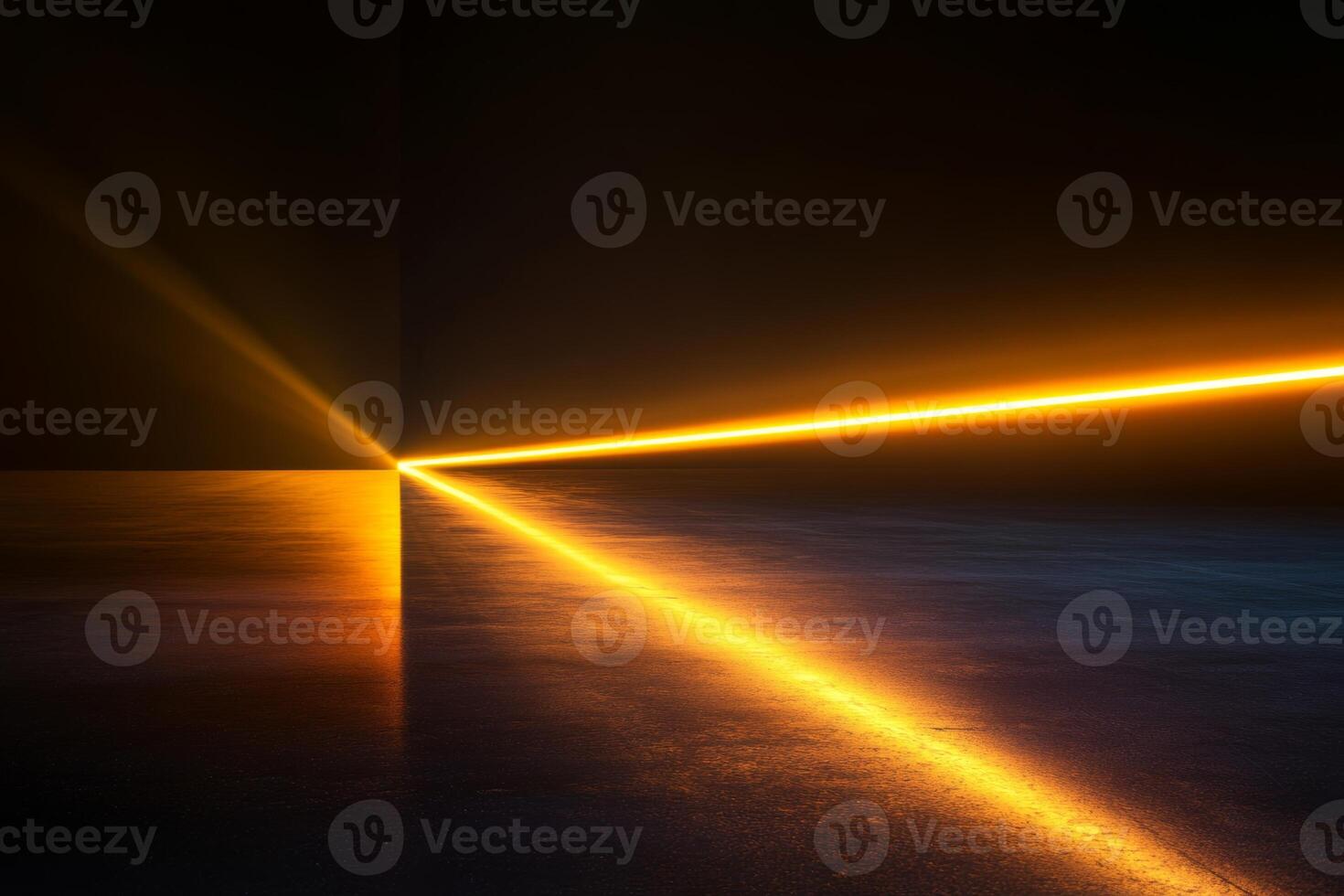 A vibrant close-up of a light beam cutting through darkness on a sleek black surface highlighting reflections and luminous effects photo