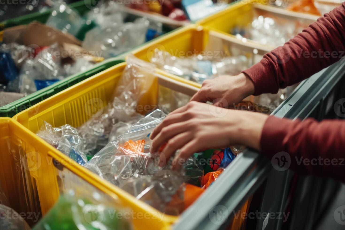 Hands sorting various recyclables into clearly labeled bins in a community recycling center during daylight hours photo