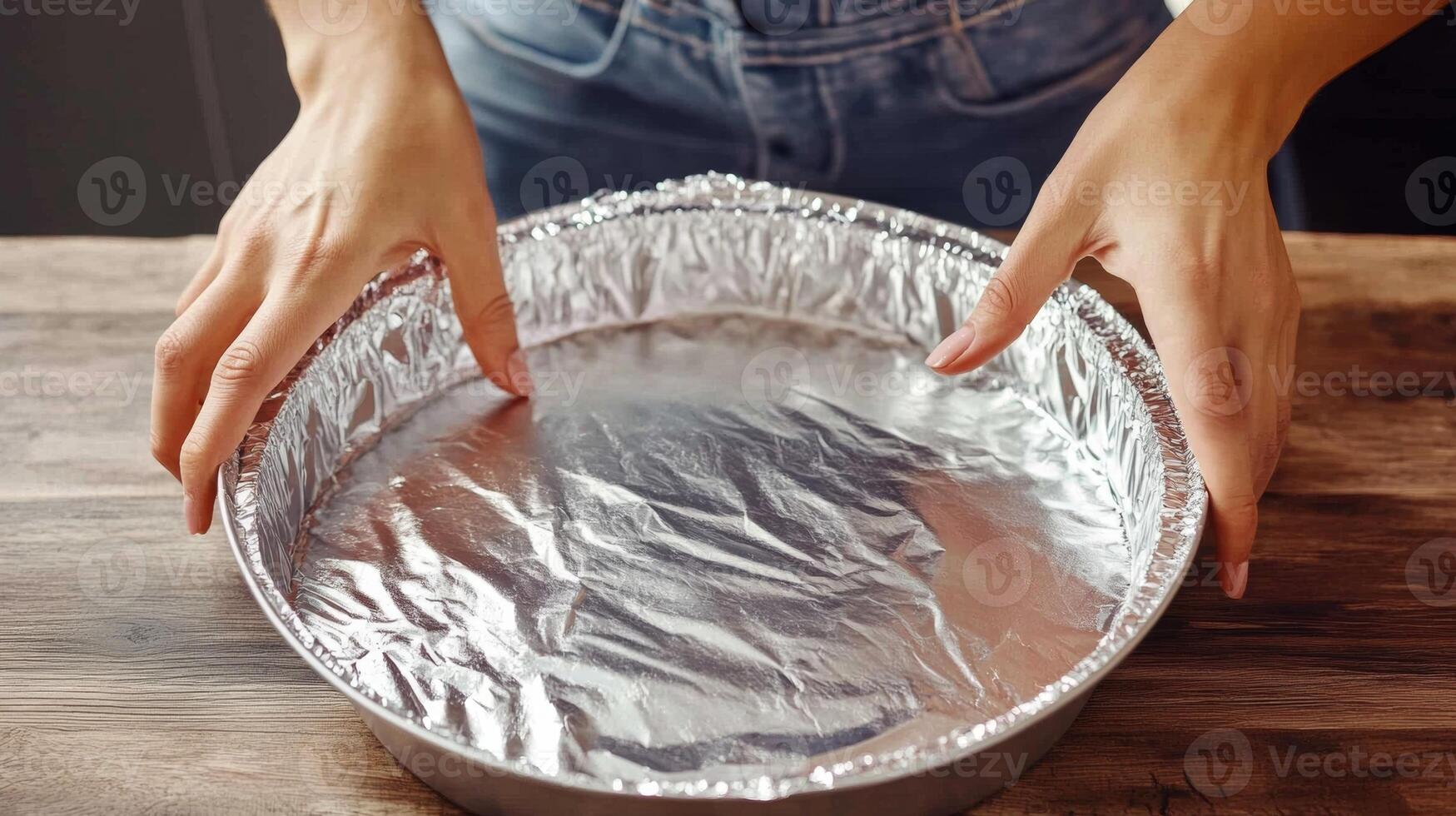 Woman preparing a cake, covered with aluminum foil, in a kitchen setting, showcasing the baking process with a focus on hands in action photo
