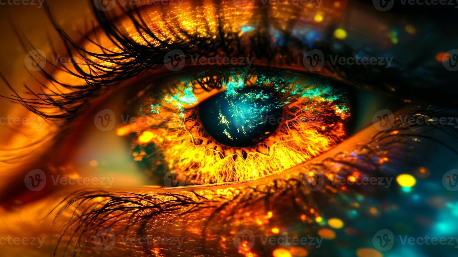 A vibrant close-up of an eye revealing glowing orange and blue tones with a futuristic digital effect, showcasing intricate details and colors photo