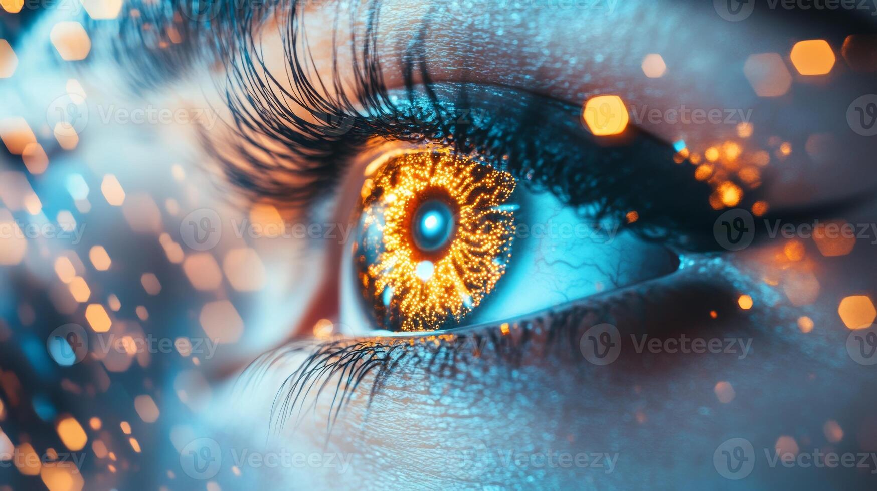 A close-up view of an eye featuring vibrant orange and blue colors, creating a futuristic and glowing digital effect photo