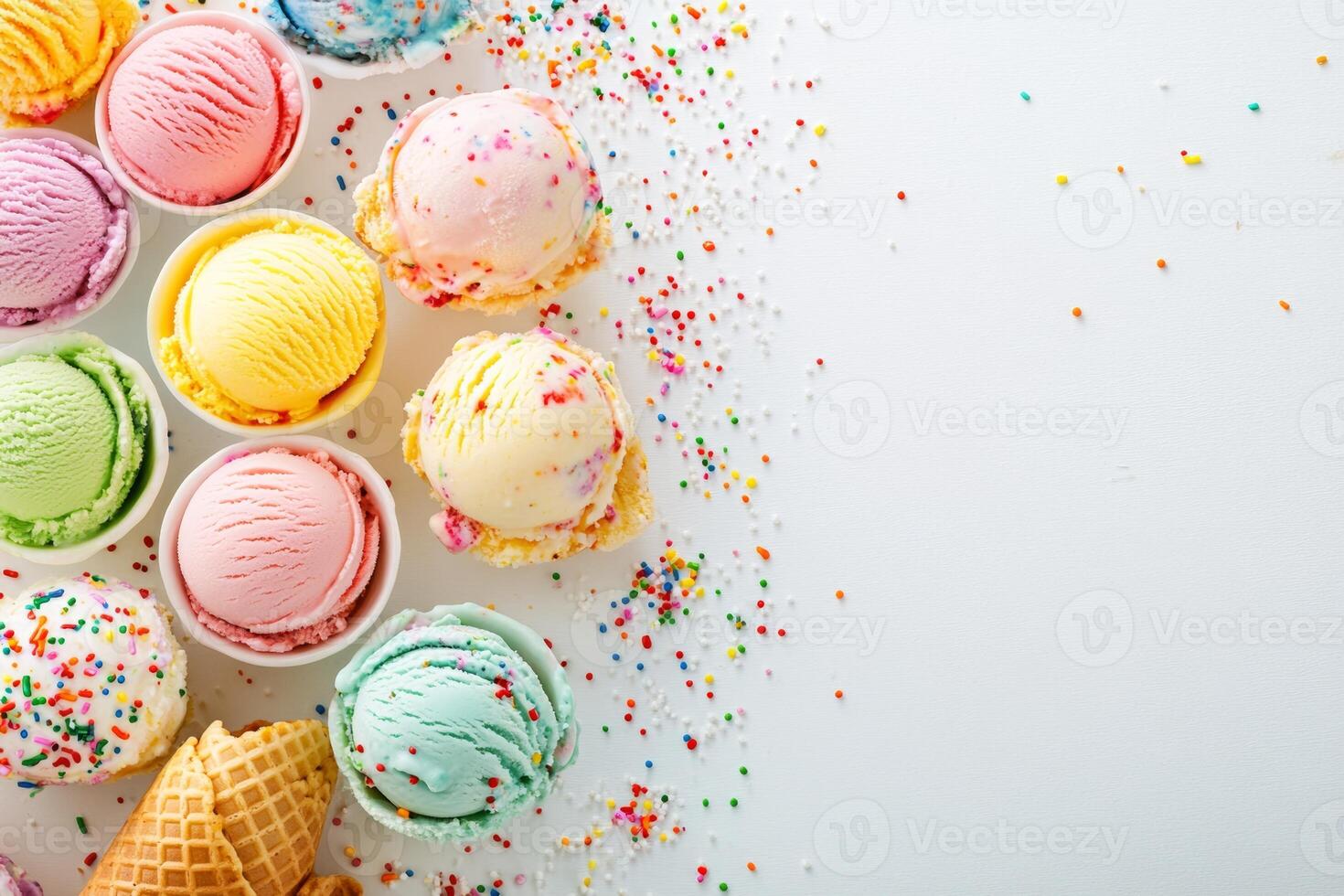 Colorful ice cream scoops in bowls and cones with sprinkles create a delightful dessert display on a white background photo