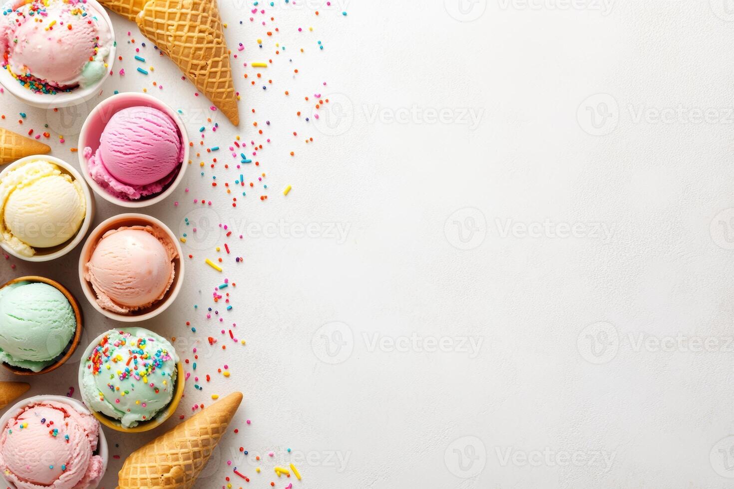Colorful ice cream scoops in bowls and cones arranged with vibrant sprinkles on a clean white background photo