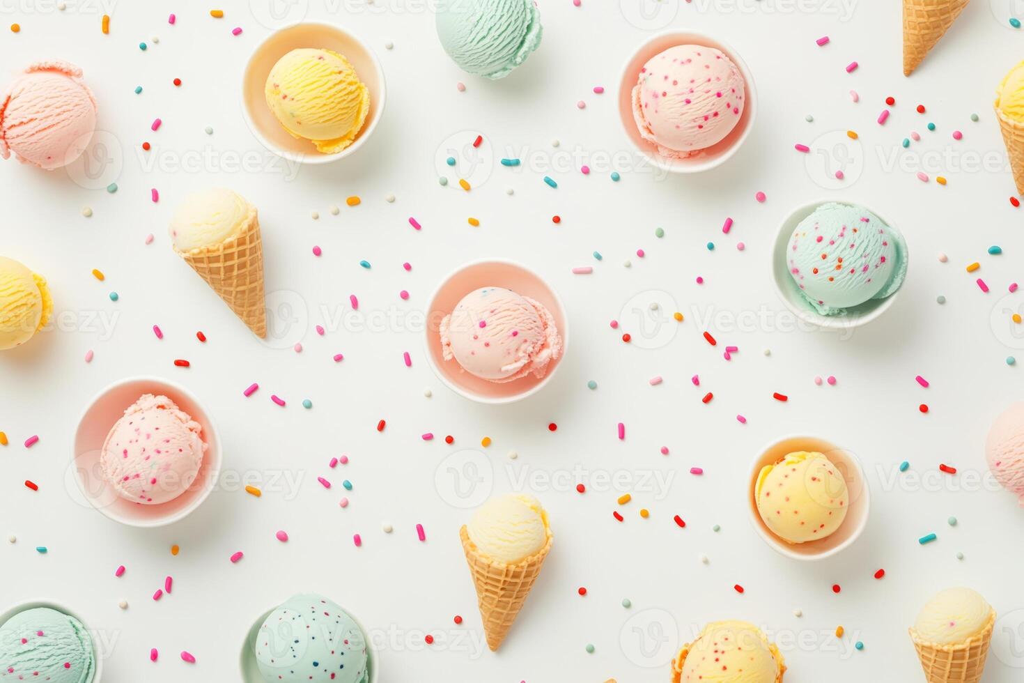 Colorful ice cream scoops in bowls and cones scattered on a white background with sprinkles for a fun summer treat photo