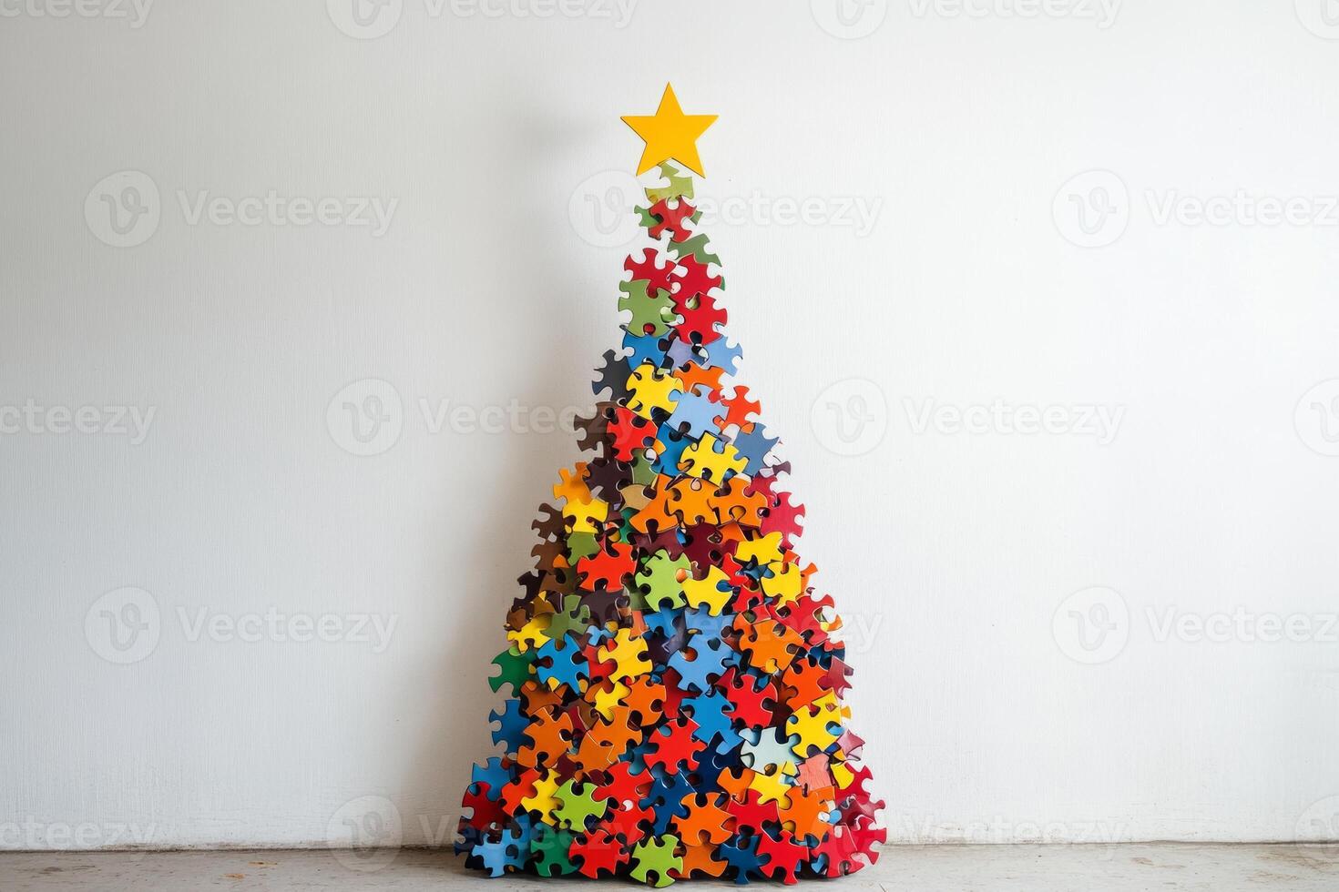Colorful jigsaw puzzle tree with a star on top stands cheerfully against a white wall, adding a festive touch to the decoration photo