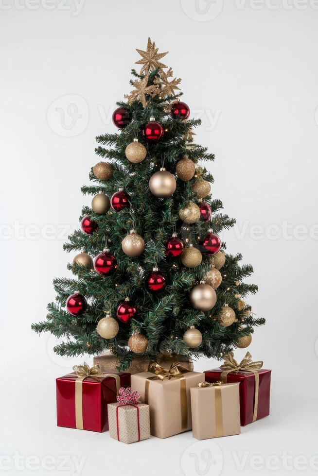 A beautifully decorated Christmas tree with red and gold ornaments and wrapped gifts under it, set against a white background photo