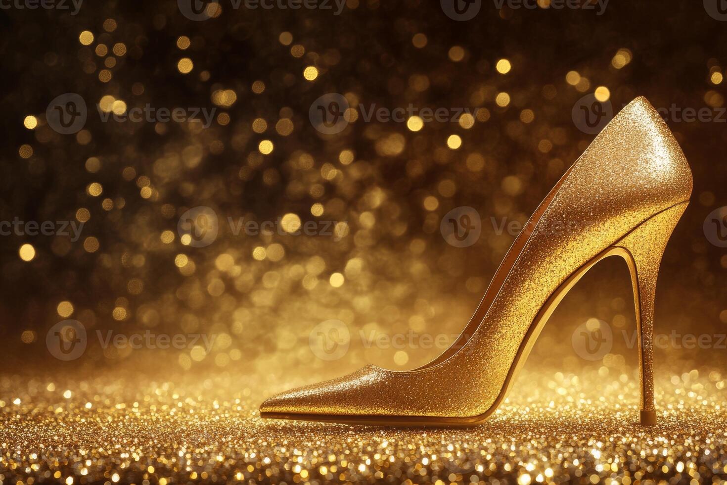 Elegant golden high heels standing on a sparkling glitter background, making a striking statement of glamour and fashion photo