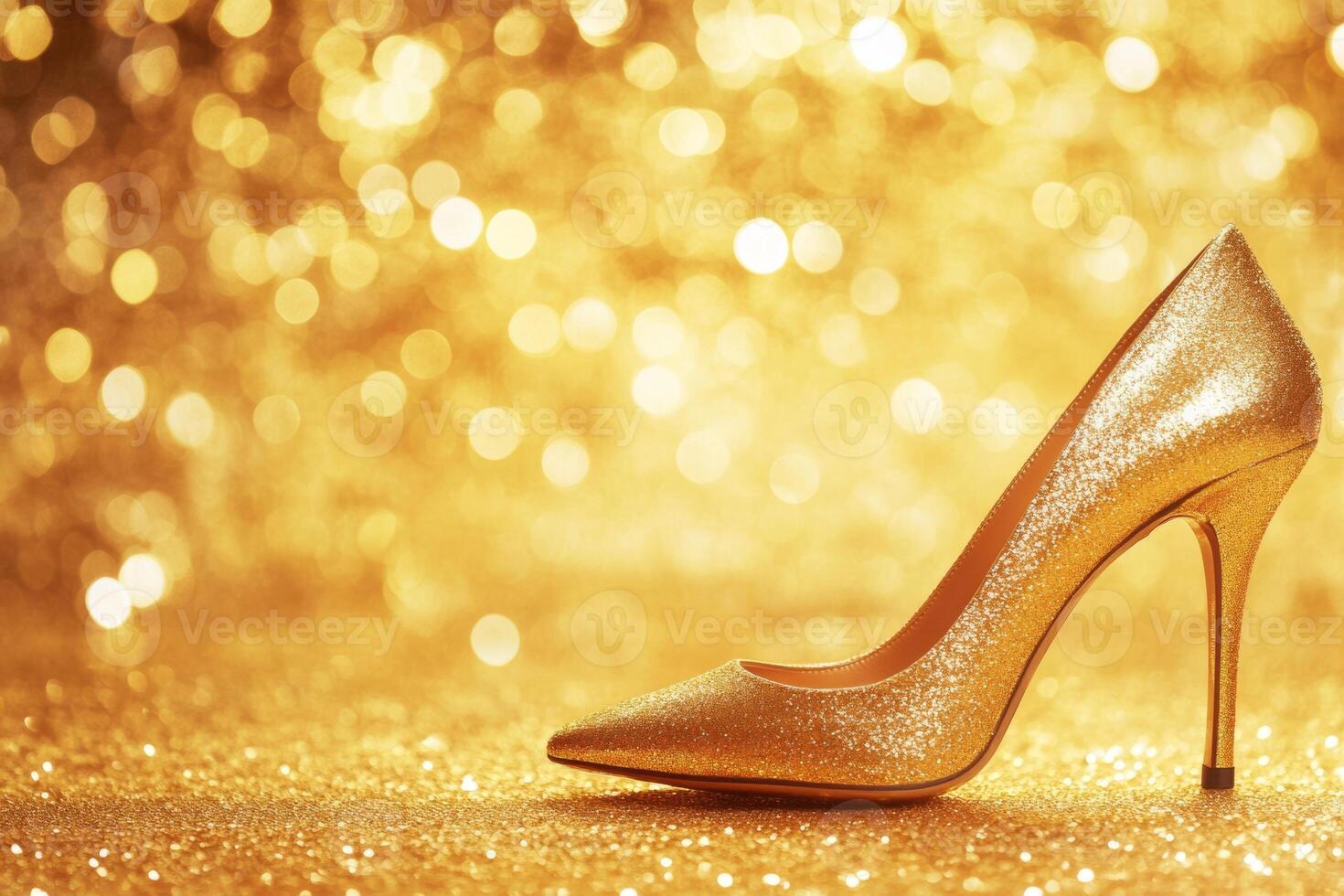 Elegant golden high heels shining on a sparkling glitter background for a glamorous evening event photo
