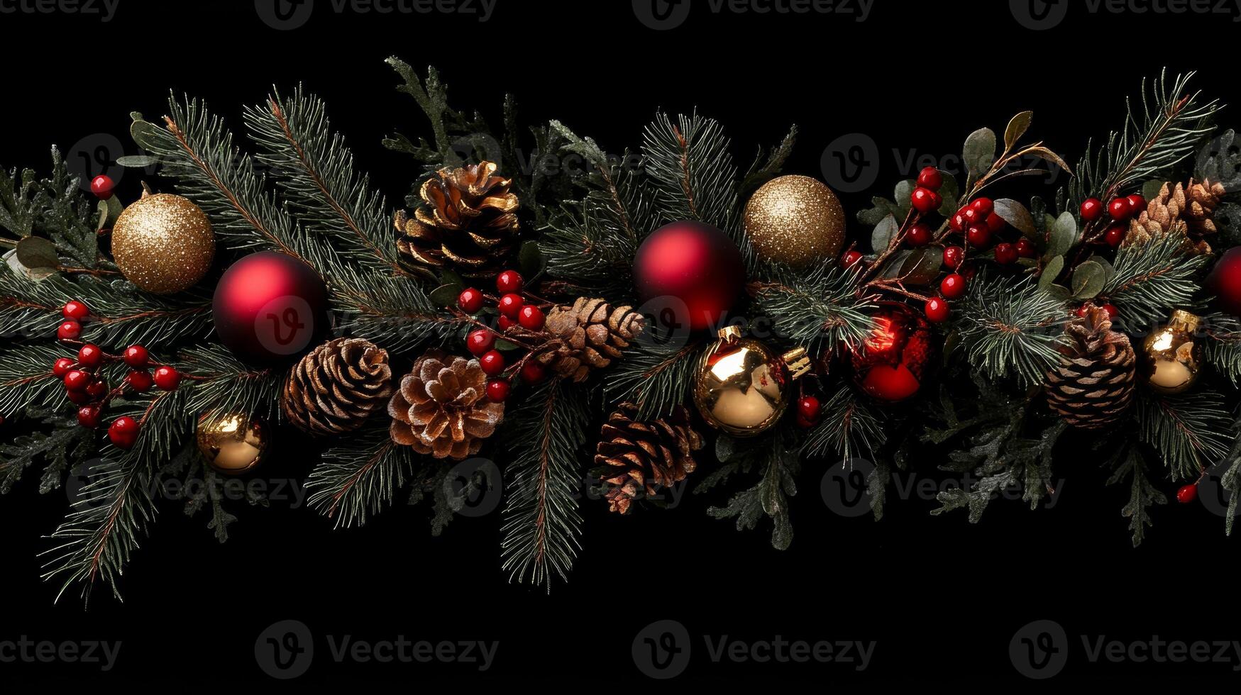 A festive garland adorned with green pine branches, red and gold ornaments, and shimmering golden pinecones for Christmas celebration photo