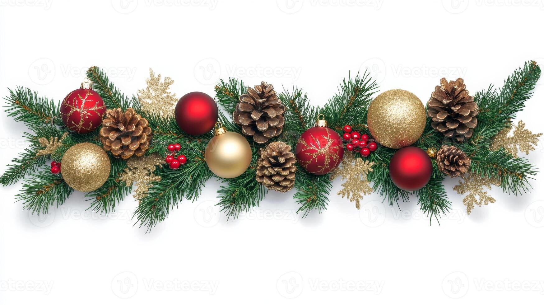 A festive garland adorned with pine branches, red and gold Christmas ornaments, and golden pinecones for holiday decoration photo