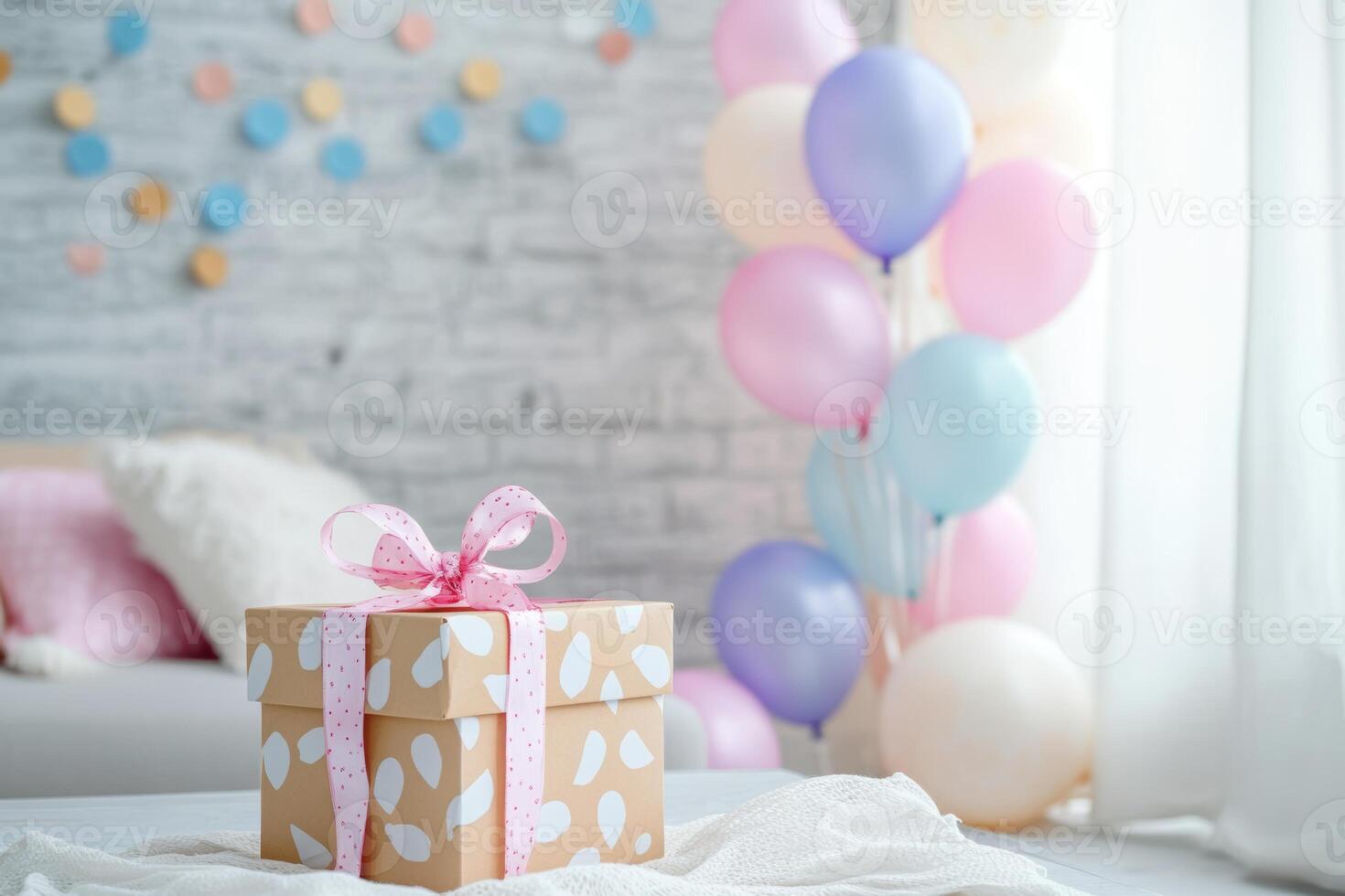 A beautifully arranged gift box with pastel balloons in a cozy, well-decorated room perfect for celebrations and special occasions photo