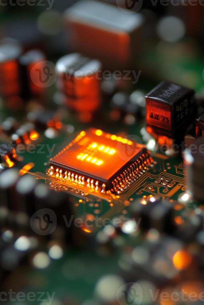 A glowing processor chip illuminates a detailed circuit board in a tech lab, showcasing advanced electronics in action photo