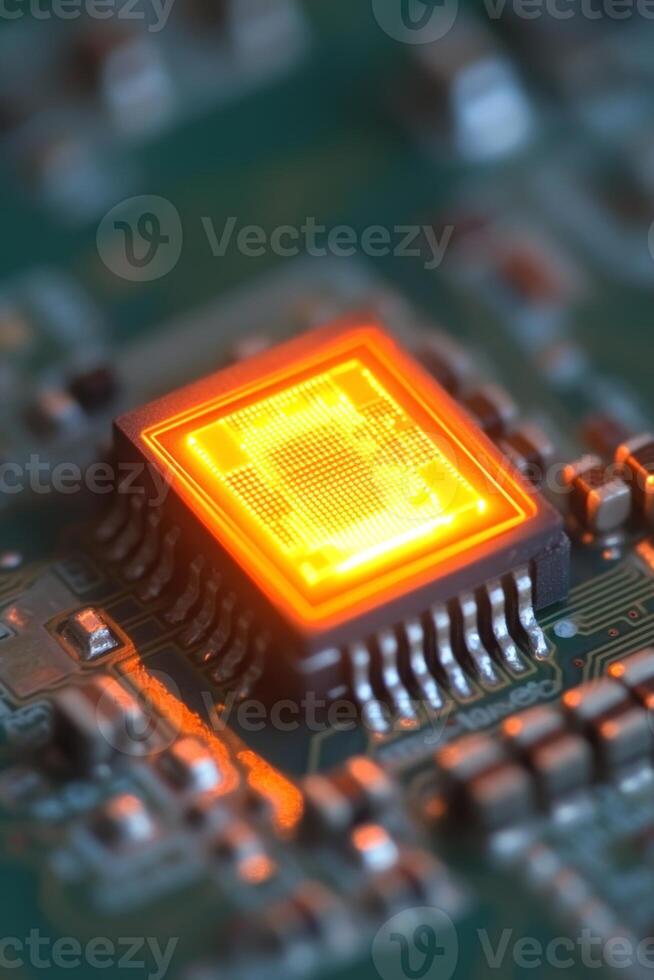 Glowing processor chip illuminated on a green circuit board showcasing intricate electronic components during a close-up shot photo