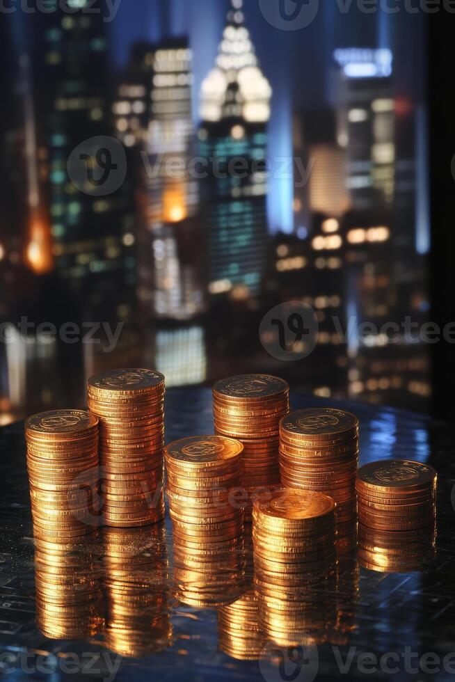 Stacked gold coins forming a bar chart against a vibrant cityscape illuminated by night lights photo
