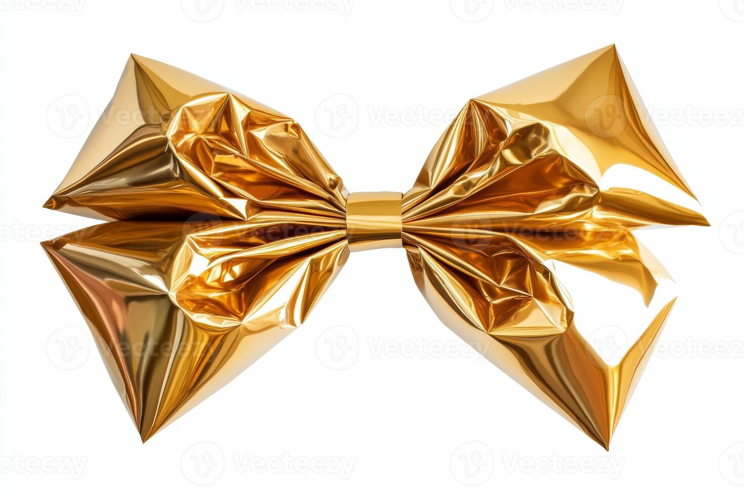 A large, shiny golden gift bow is artfully arranged against a white background, perfect for adding elegance to any present photo