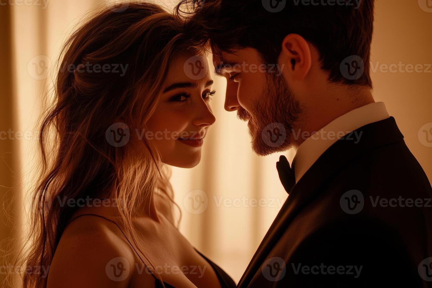 Young couple in evening attire sharing a warm smile indoors in a minimalistic setting during a cozy evening photo