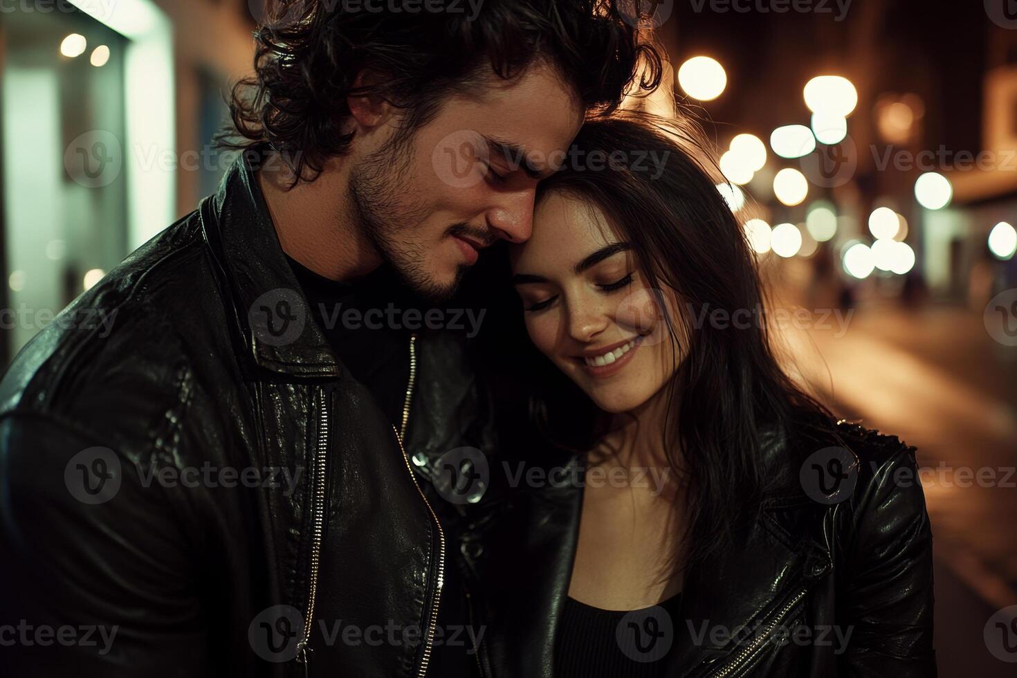 Young couple in leather jackets smiling together on a city street at night photo
