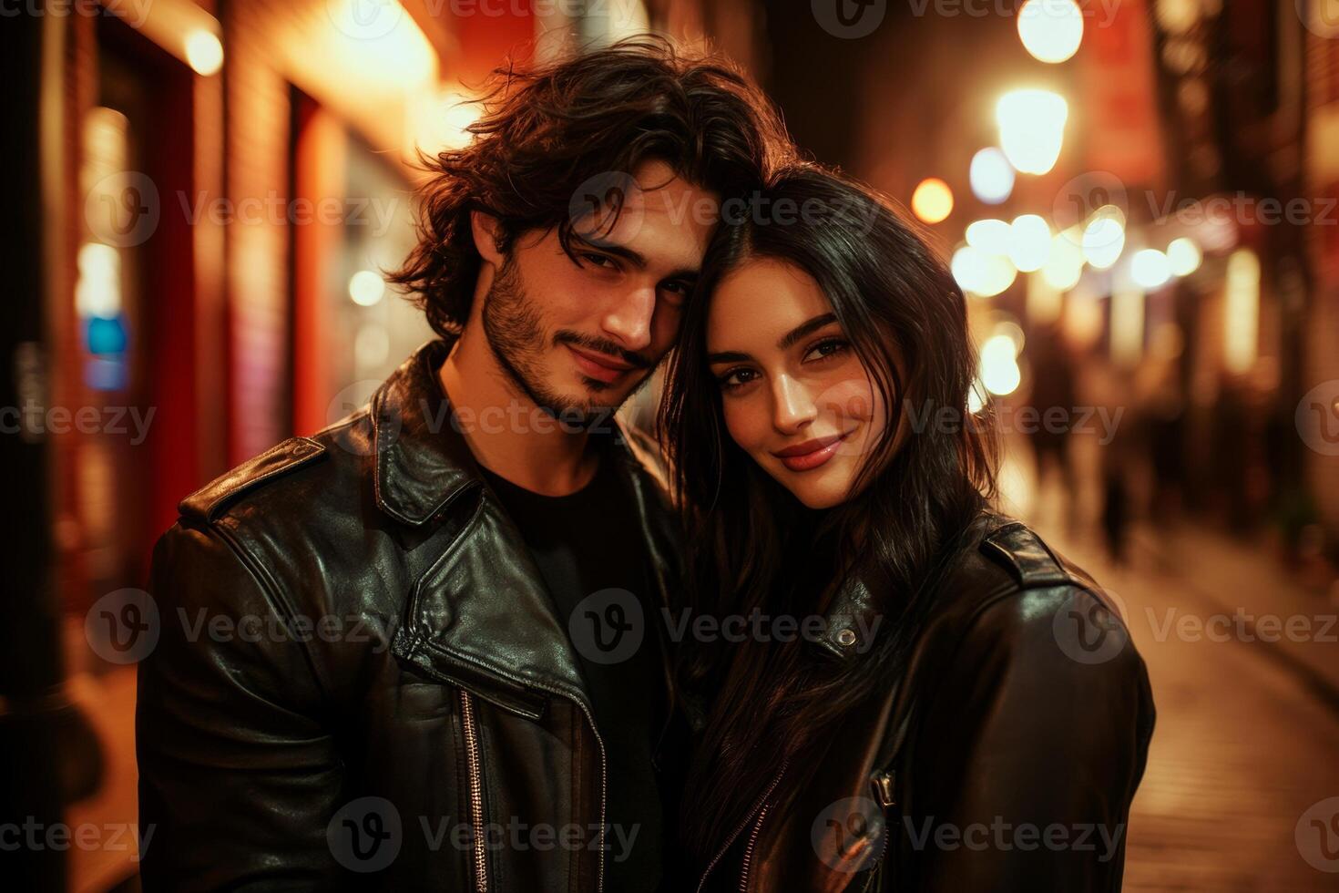 A young couple in leather jackets sharing a close moment on a city street at night with soft street lights photo