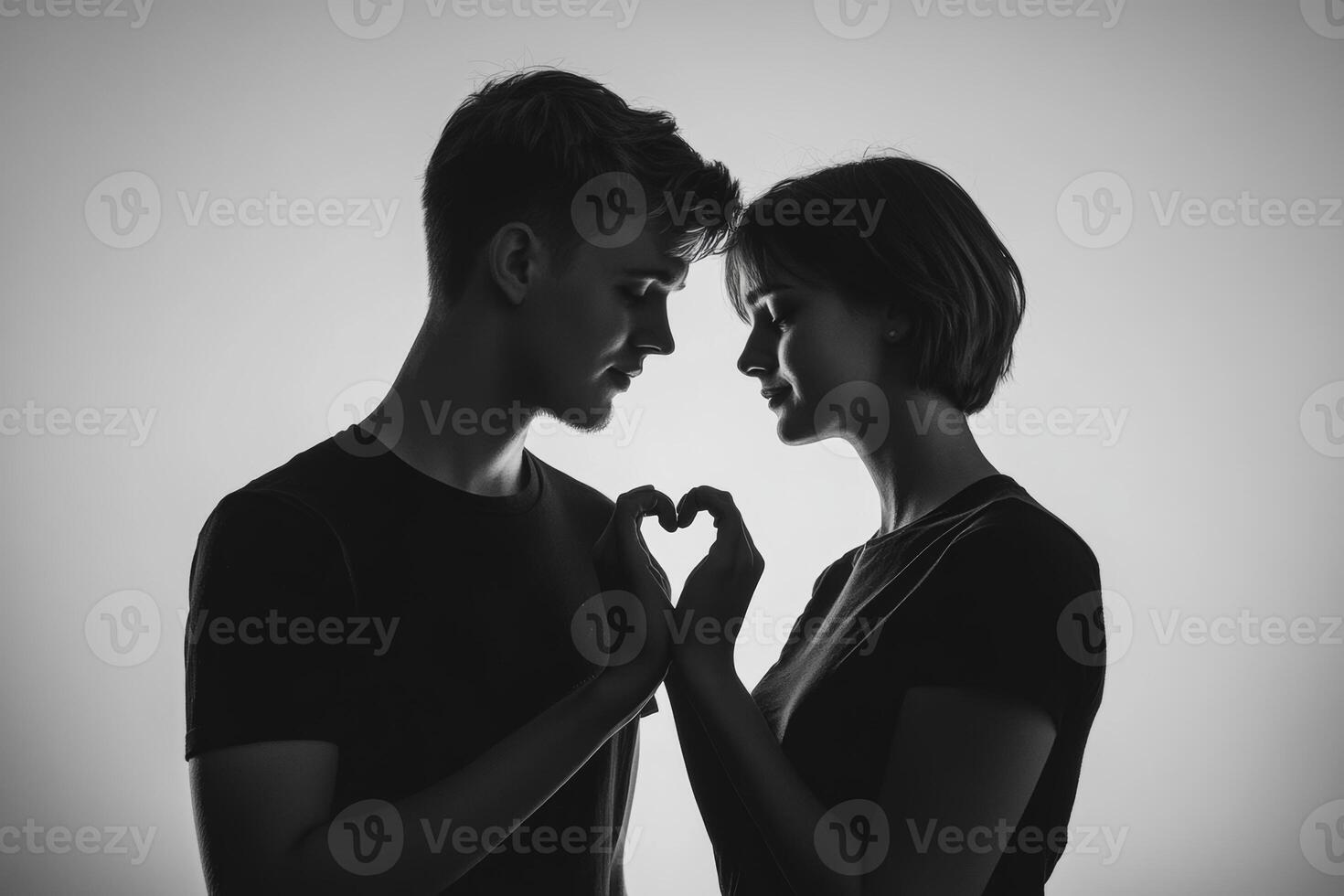 Young couple forming a heart shape with their fingers in a minimalistic black and white setting photo