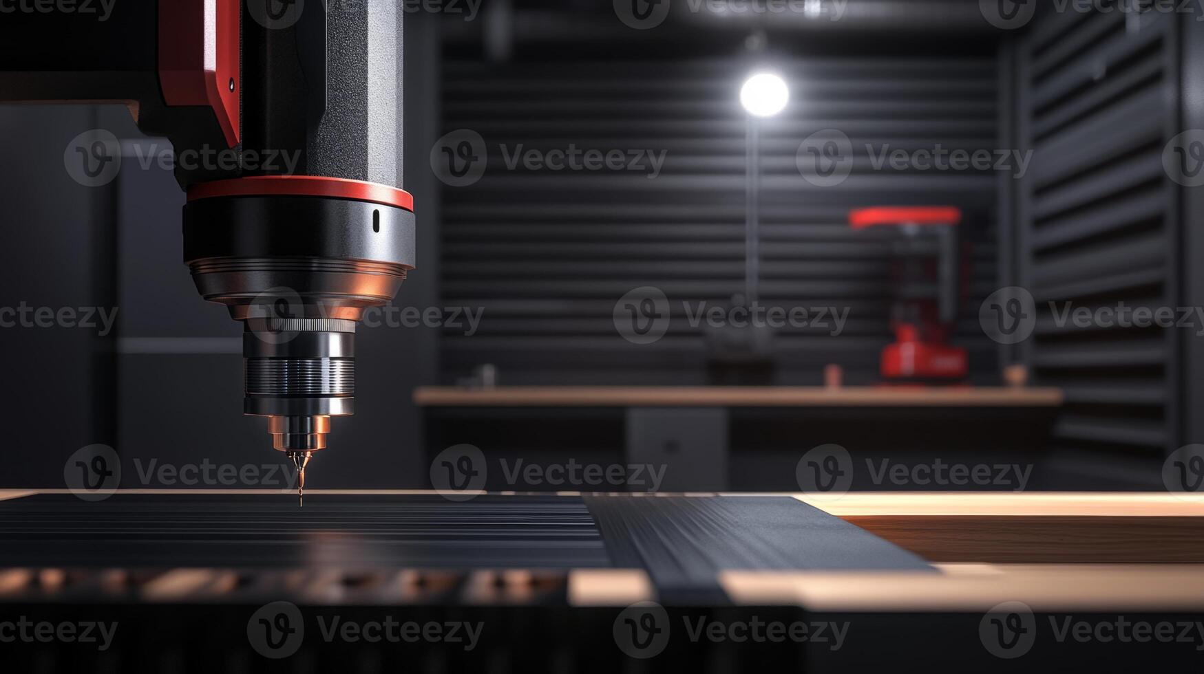 Modern CNC machine cutting precise designs in a well-lit workshop during the day with ample workspace available photo