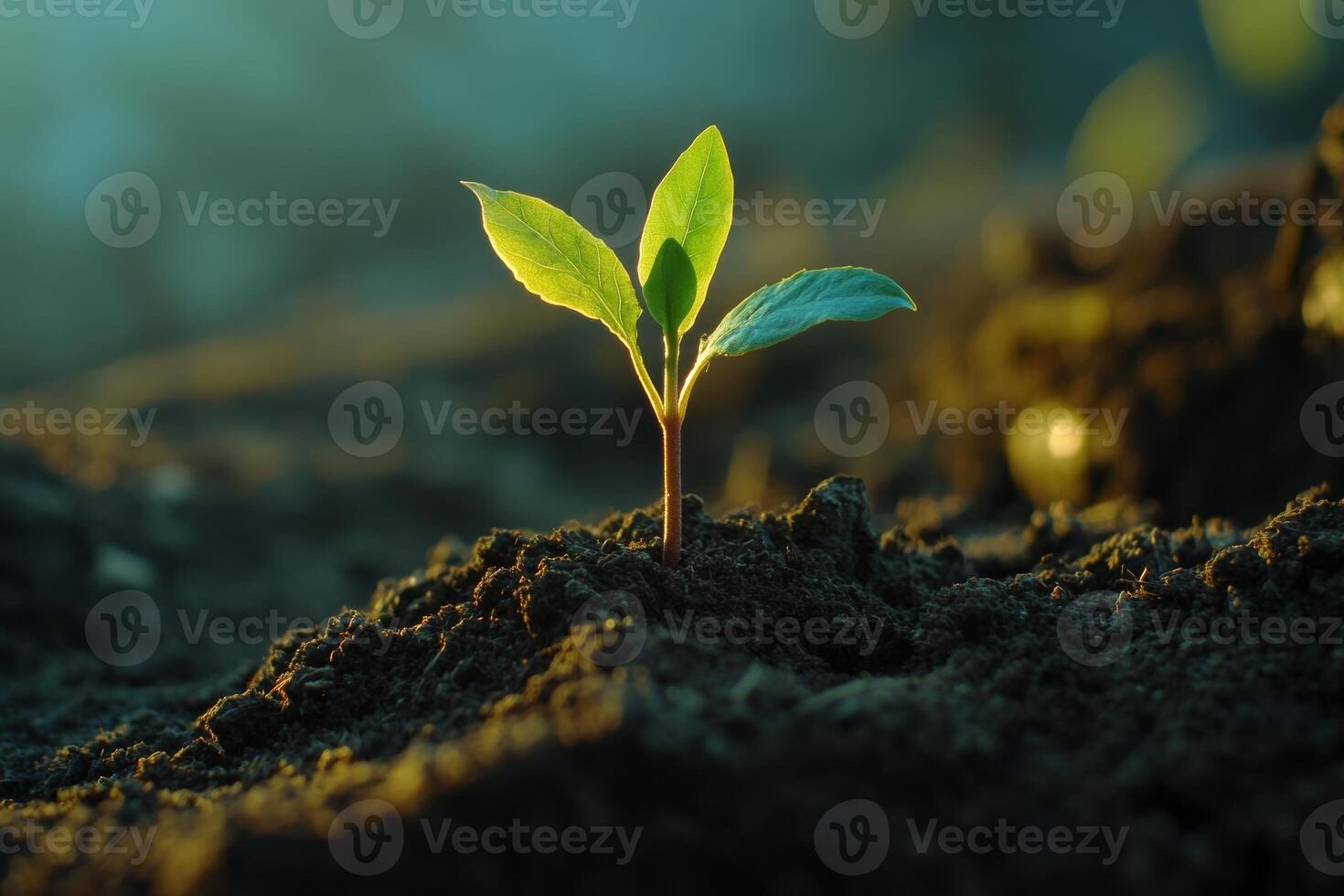 A strong seedling emerges from the dark soil, symbolizing new beginnings and hope for future growth in a natural environment photo