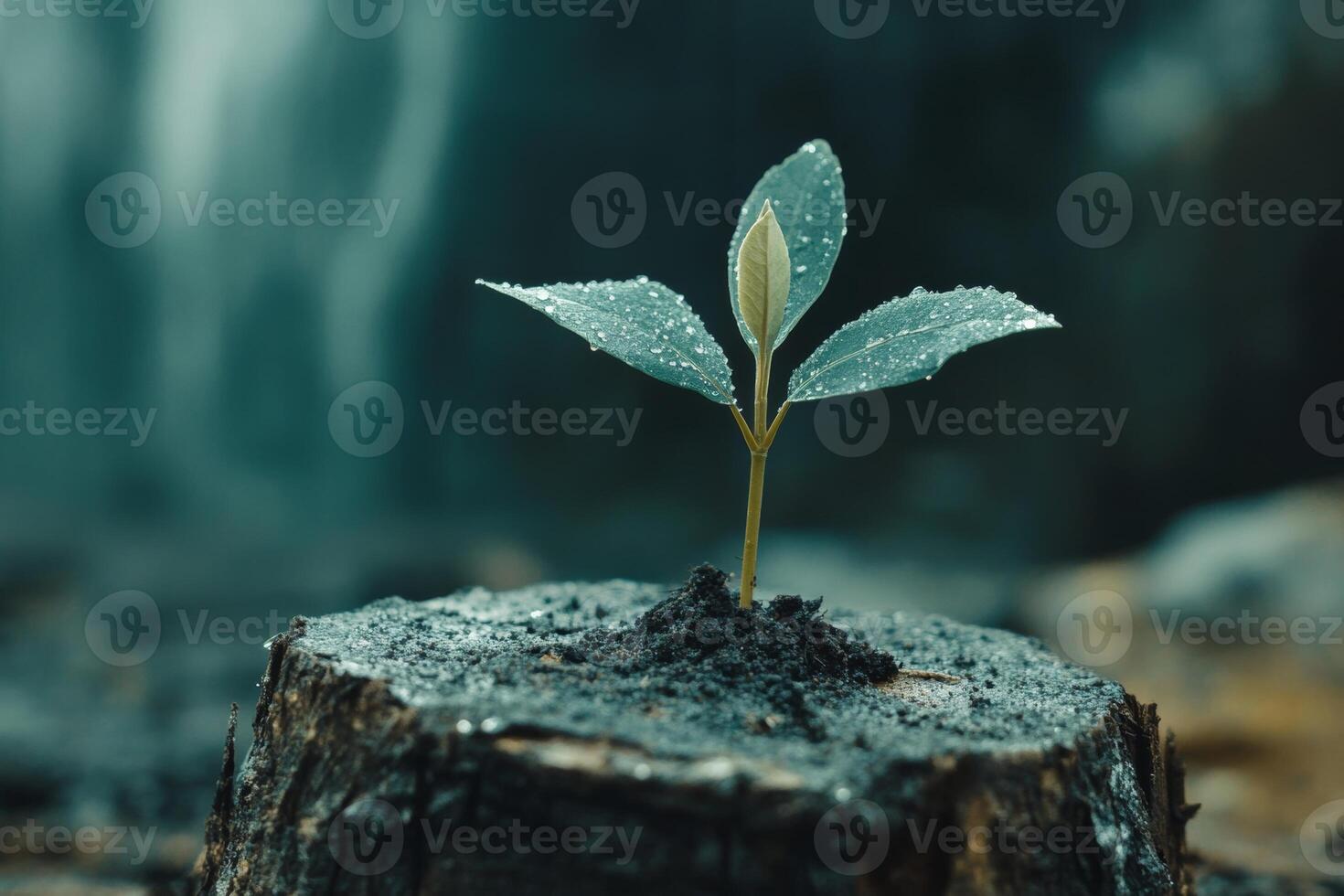 A resilient seedling sprouts from a tree stump, symbolizing new life and business growth in a vibrant forest setting photo