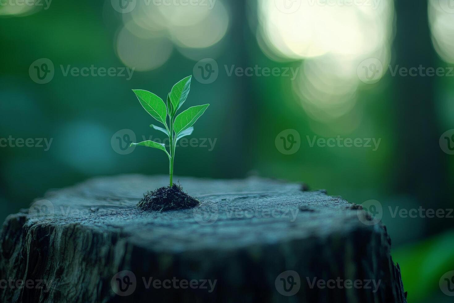 A strong seedling emerging from a tree stump symbolizes new beginnings and hope for the future in a serene forest setting photo