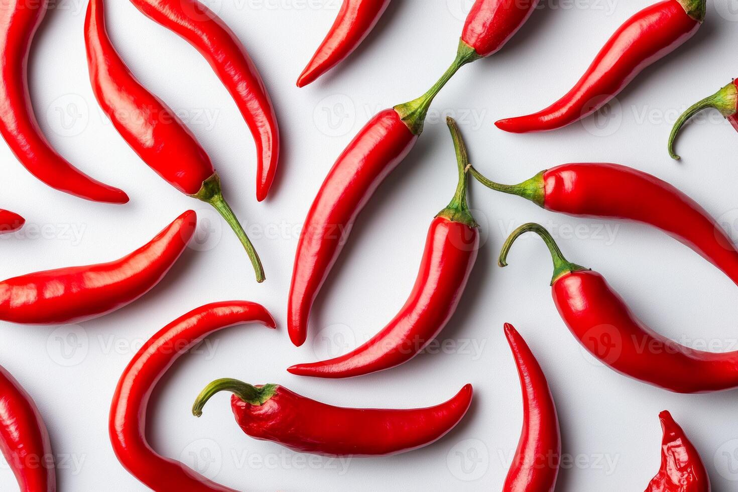 Vibrant pattern of red chili peppers arranged in a seamless design on a white background showcasing their spicy appeal photo