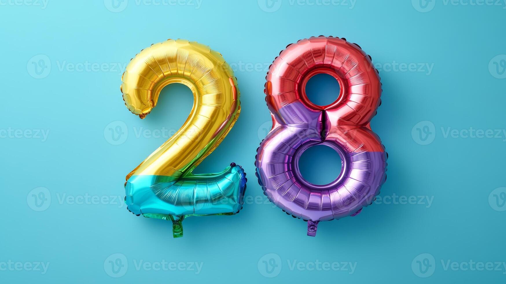 Bright and colorful rainbow foil balloon number twenty-eight on a blue background for celebration and festive occasions photo