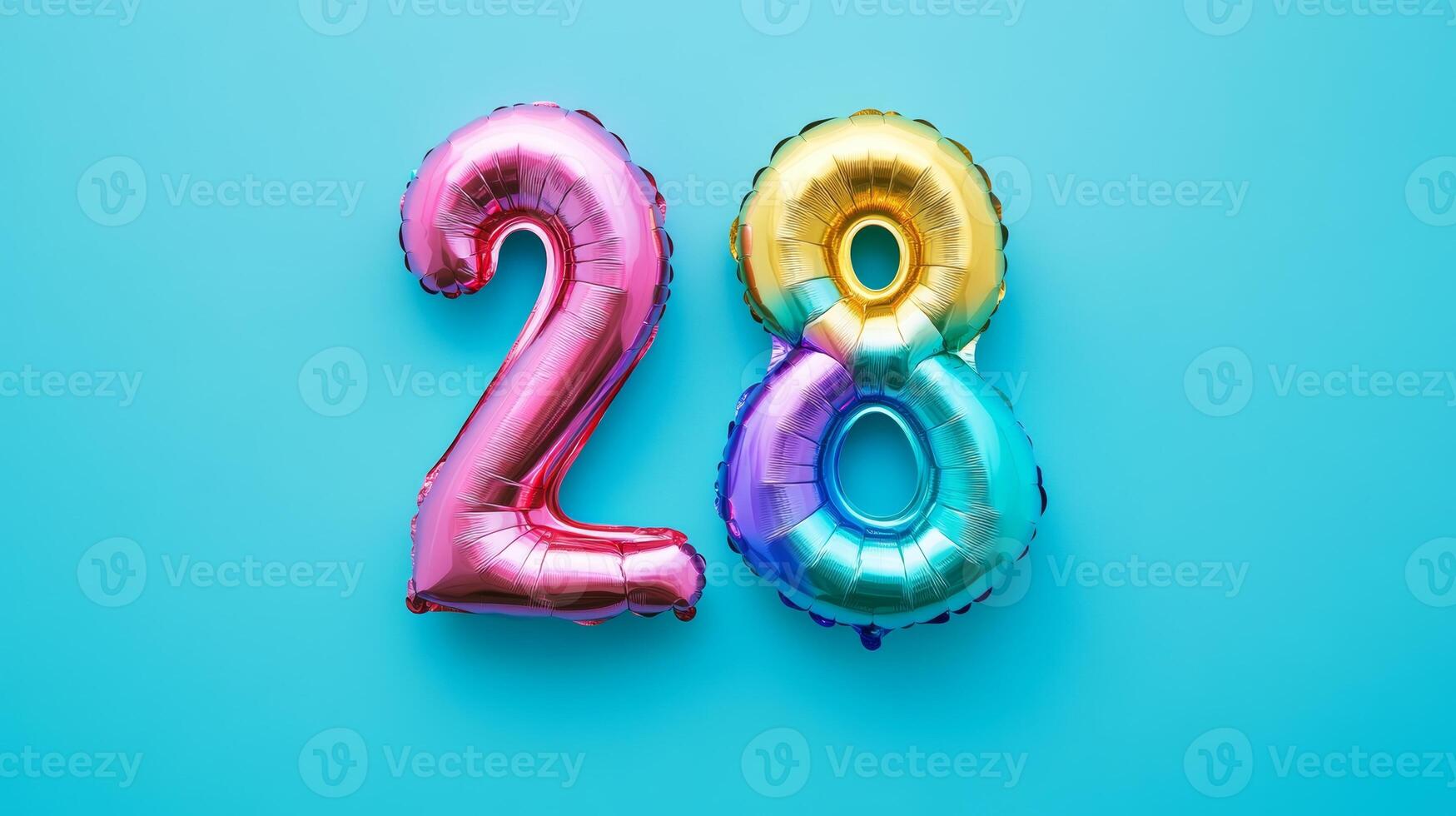 Colorful rainbow foil balloon with the number 28 on a vibrant blue background, ideal for birthdays and celebrations photo