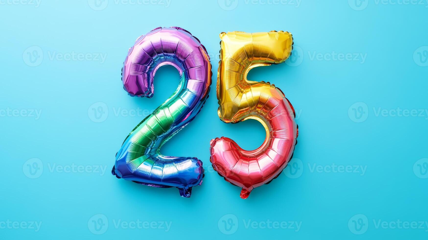 Colorful rainbow foil balloon in the shape of number twenty-five on a bright blue background, perfect for celebrations photo