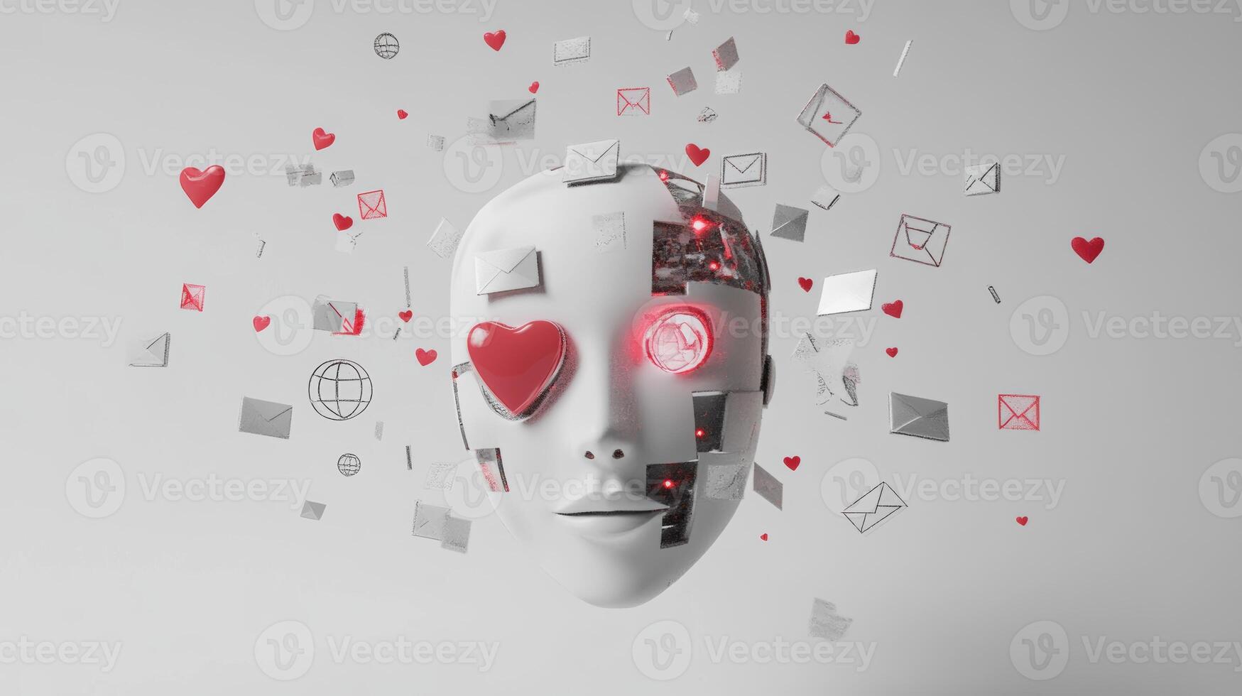 A robot face exhibiting AI concepts with heart and email icons surrounded by a digital sphere on a minimalist background photo