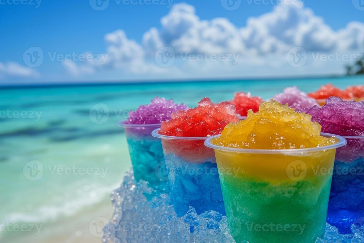 Colorful cups filled with shaved ice and syrup line a beachside table under a clear blue sky near the ocean photo