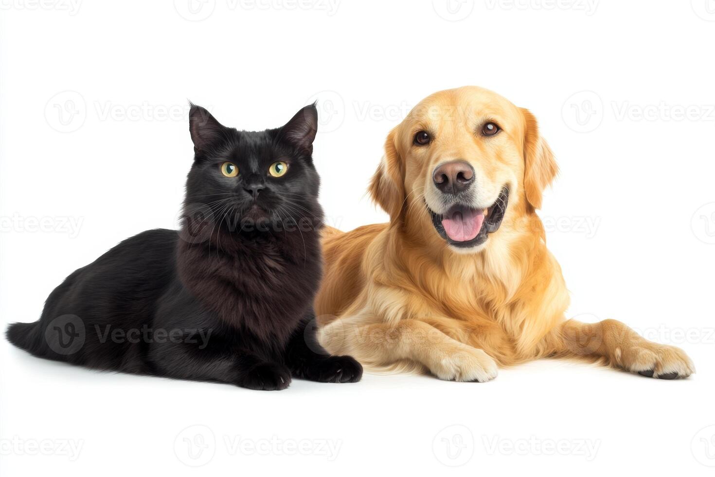 Adorable black cat and golden retriever sit together on a soft white background showcasing a humorous friendship photo