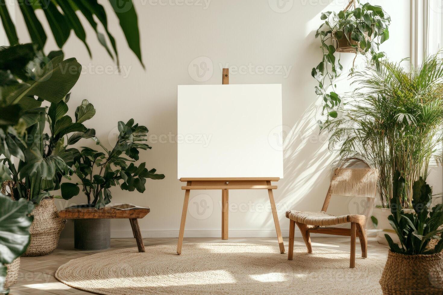 A minimalist Scandinavian room featuring a blank canvas on an easel, surrounded by wooden furniture and lush plants in soft daylight photo