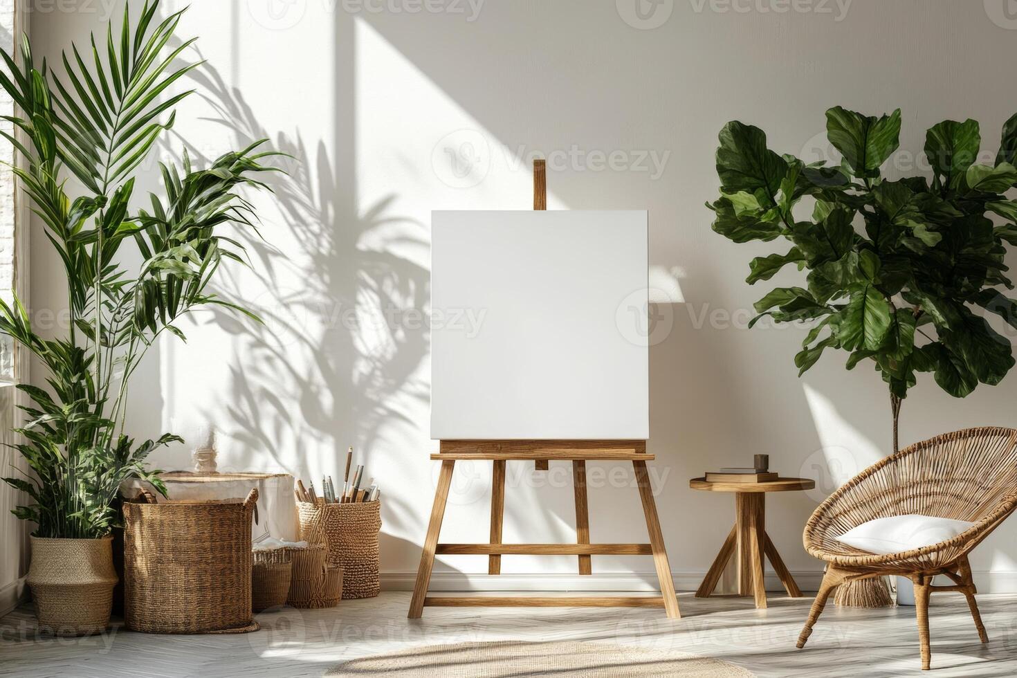 Blank canvas on an easel in a Scandinavian-style room filled with plants and natural light photo