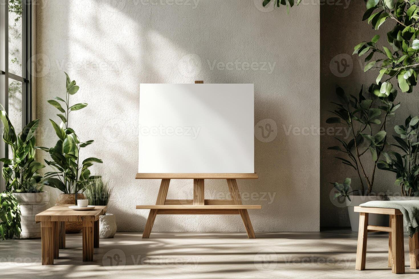 A blank canvas on an easel in a Scandinavian-style room with wooden furniture and plants illuminated by soft daylight photo