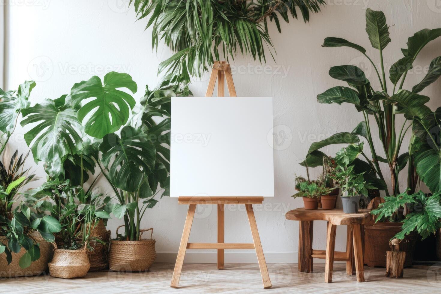 A blank canvas on an easel in a minimalist Scandinavian room with wooden furniture and lush plants, illuminated by soft daylight photo