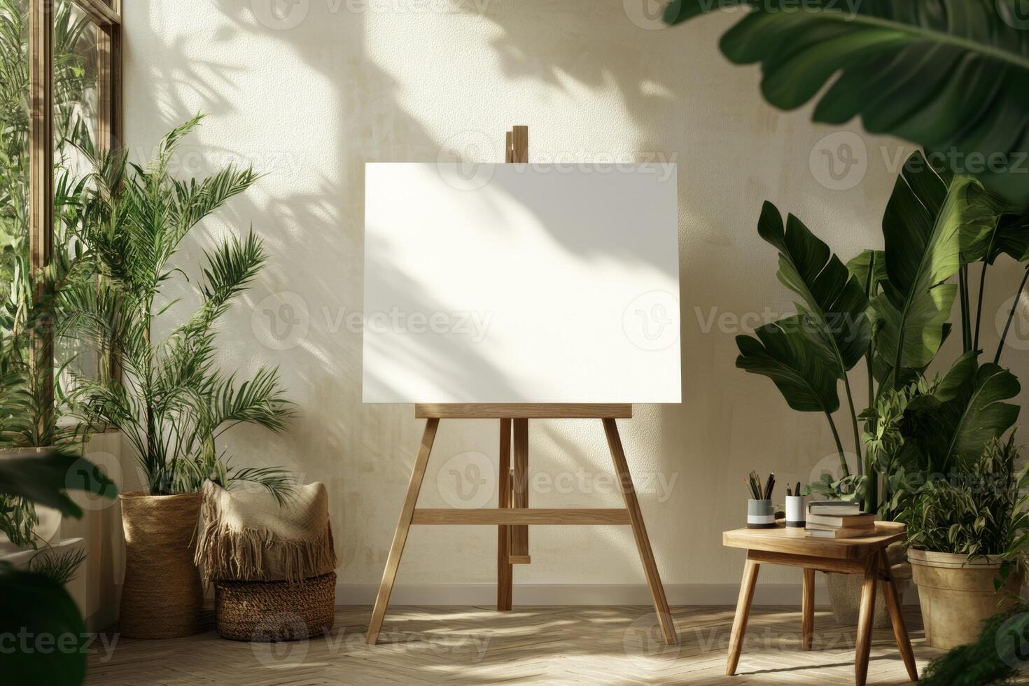 Minimalist setup of a blank canvas on an easel in a Scandinavian room with wooden furniture and greenery under soft daylight photo
