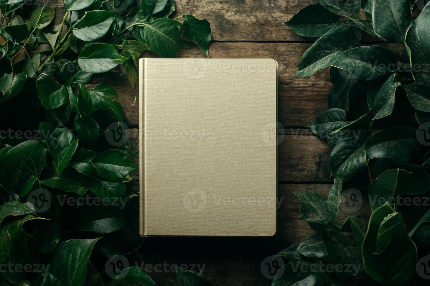 Minimalist mockup of a blank book surrounded by green leaves on a rustic wooden table with soft light in a serene setting photo
