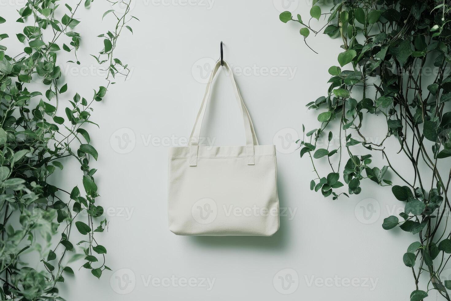 Minimalist canvas tote bag displayed with green plants in natural light, creating a fresh and calming environment photo